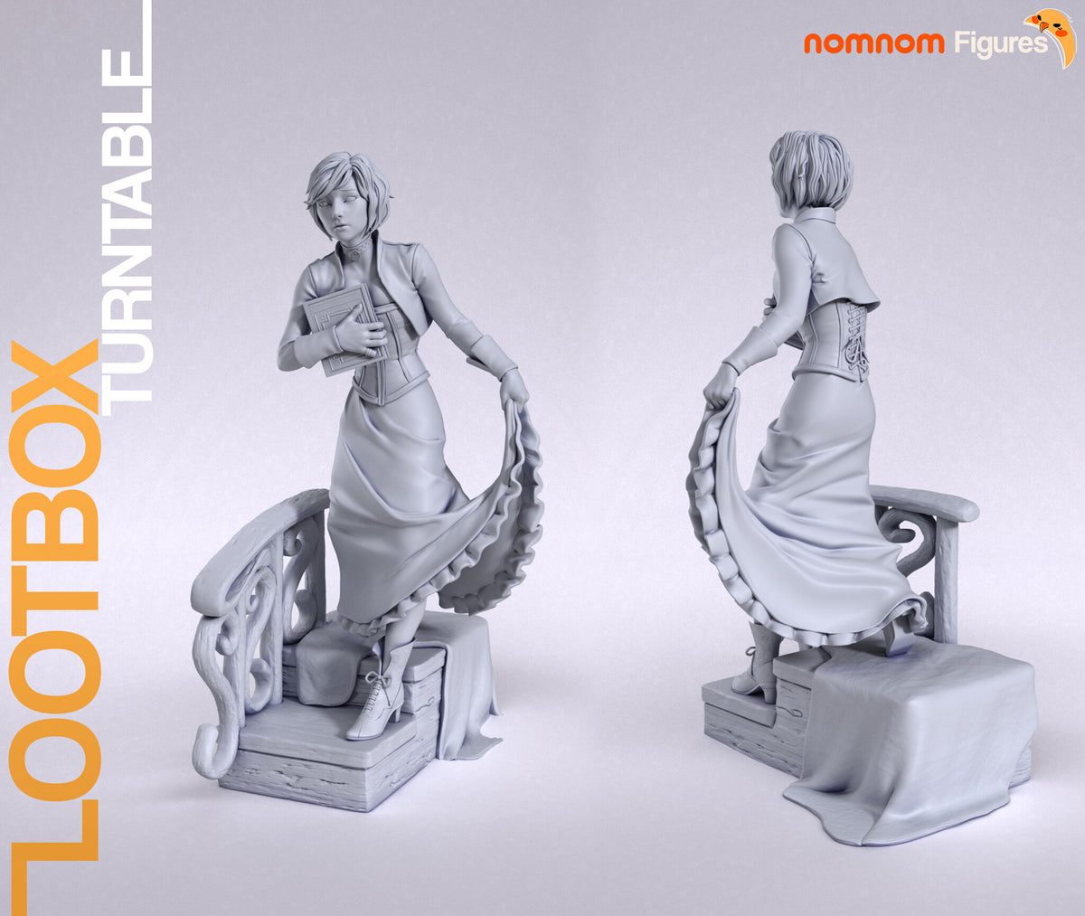 Sculptor's render (kit ships unpainted): gray front and rear views of the full figure on the crate stair, showing the corset lacing at the back and the scrolled railing