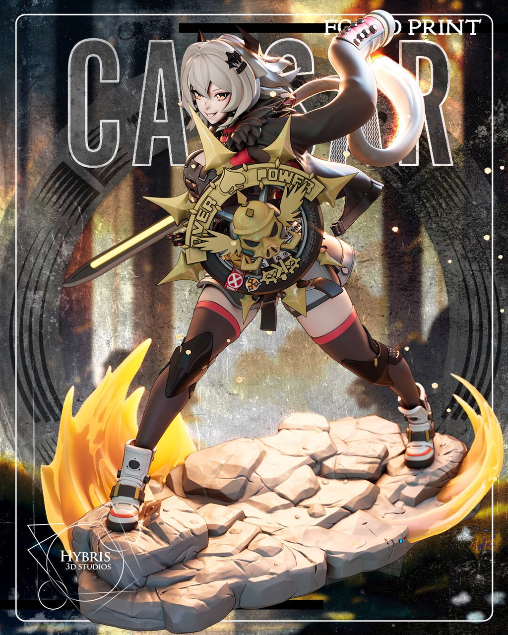 Sculptor's render of the painted design (kit ships unpainted): full front view in a wide lunge on the cracked rock base, the spiked tire shield raised and the glowing sword held low, with flames at both ends of the base