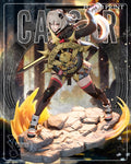 Sculptor's render of the painted design (kit ships unpainted): full front view in a wide lunge on the cracked rock base, the spiked tire shield raised and the glowing sword held low, with flames at both ends of the base