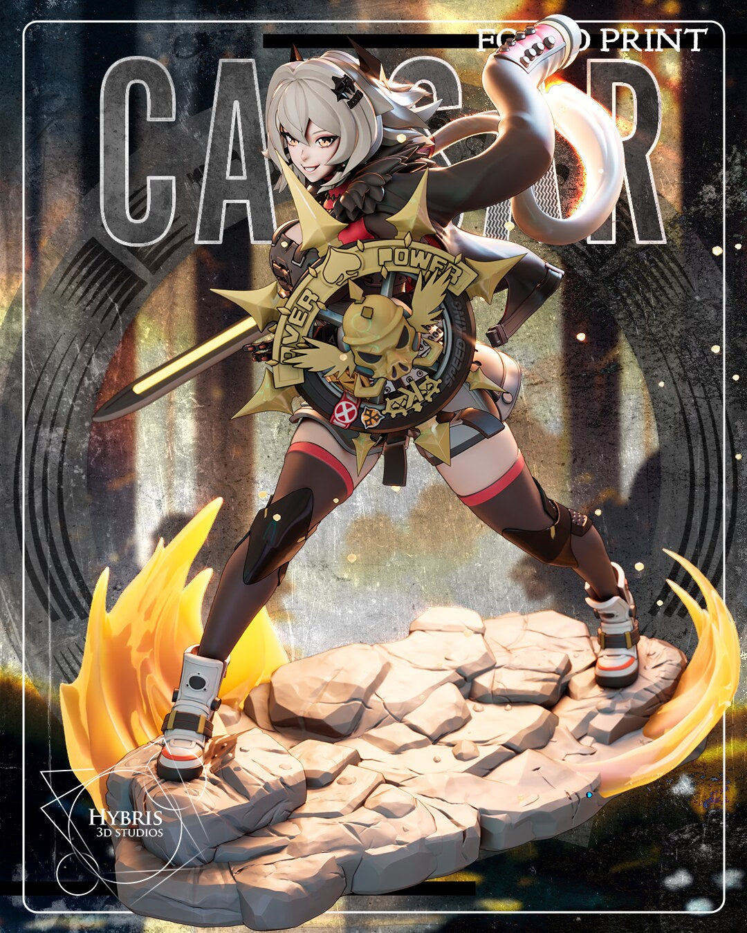 Sculptor's render of the painted design (kit ships unpainted): full front view in a wide lunge on the cracked rock base, the spiked tire shield raised and the glowing sword held low, with flames at both ends of the base