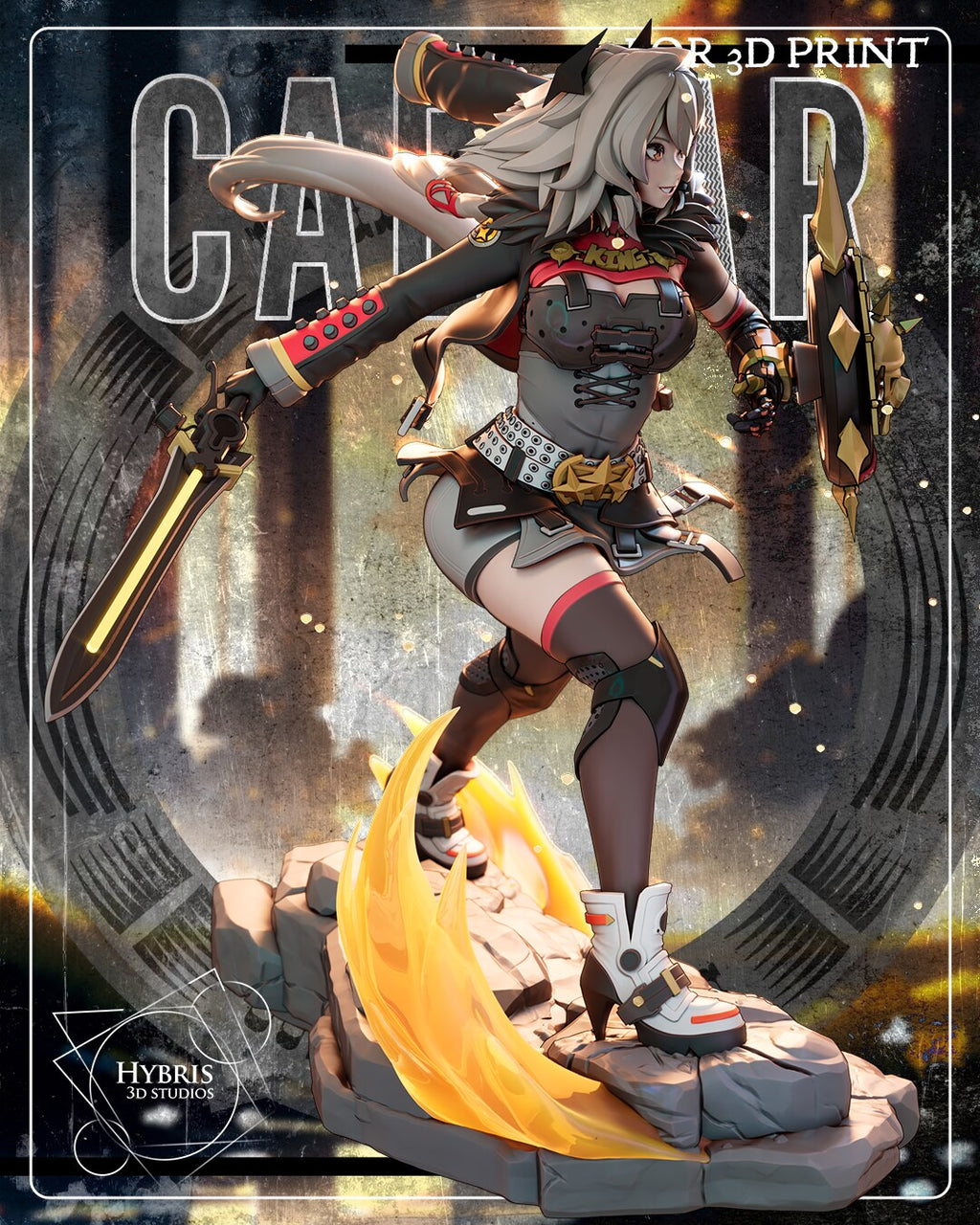 Sculptor's render (kit ships unpainted): full three-quarter view from her right with the sword angled down, the shield on her far arm and the crescent of flame curling round her boot