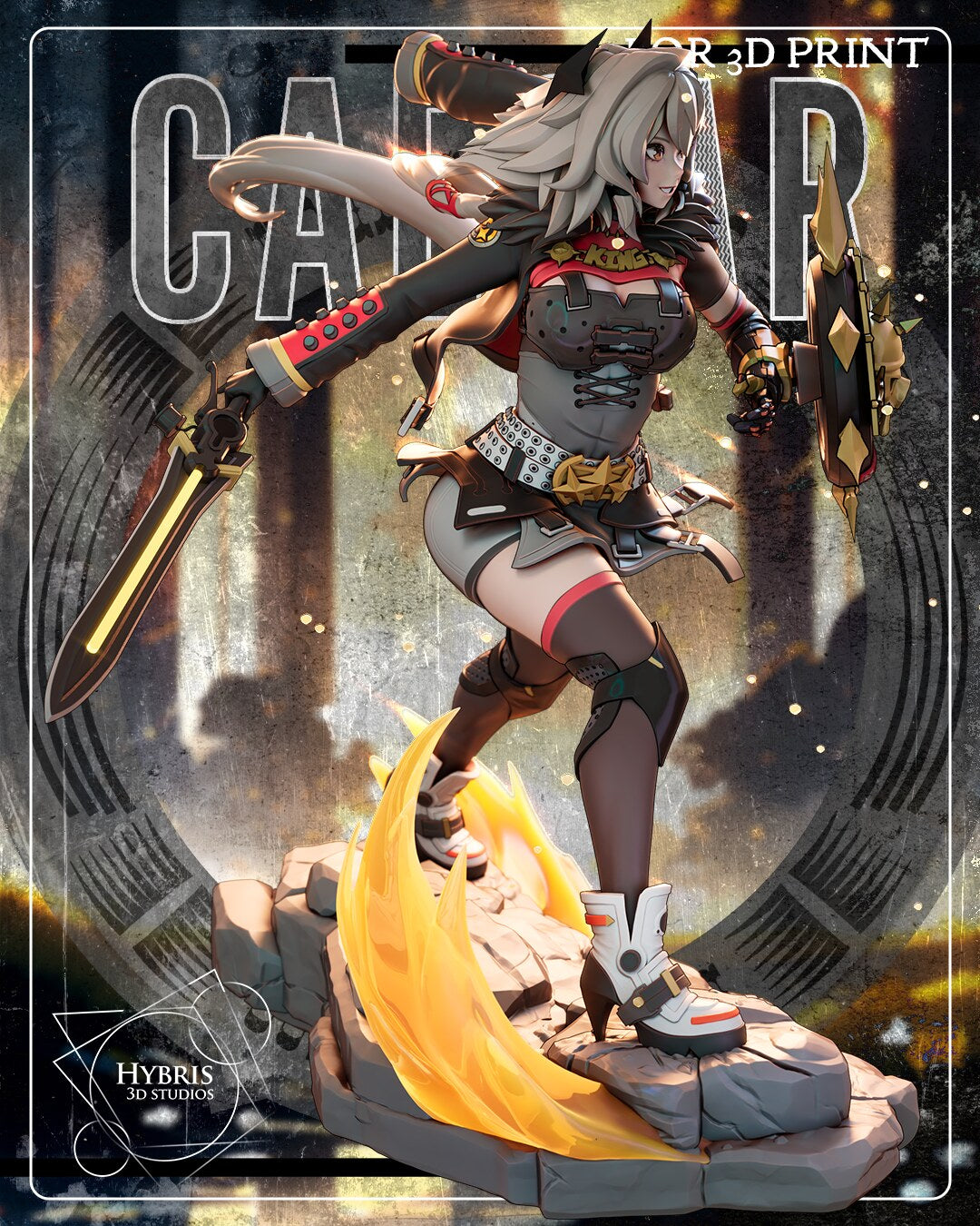 Sculptor's render (kit ships unpainted): full three-quarter view from her right with the sword angled down, the shield on her far arm and the crescent of flame curling round her boot