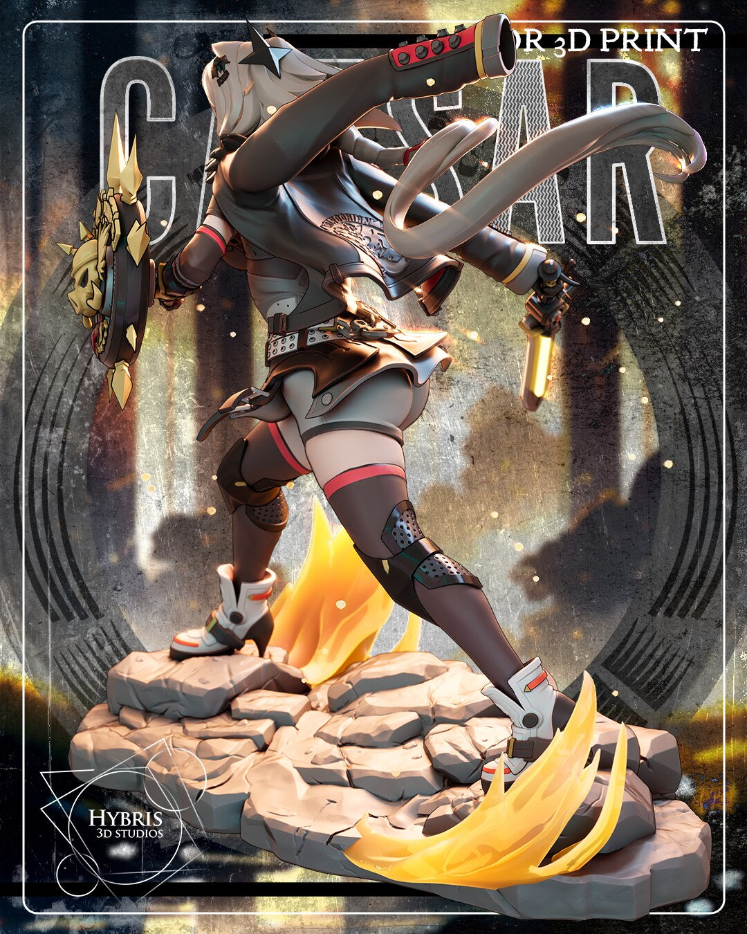 Sculptor's render (kit ships unpainted): rear three-quarter view of the full figure, ponytail and empty jacket sleeve flying up, the shield on her forearm and the flames rising from the rock