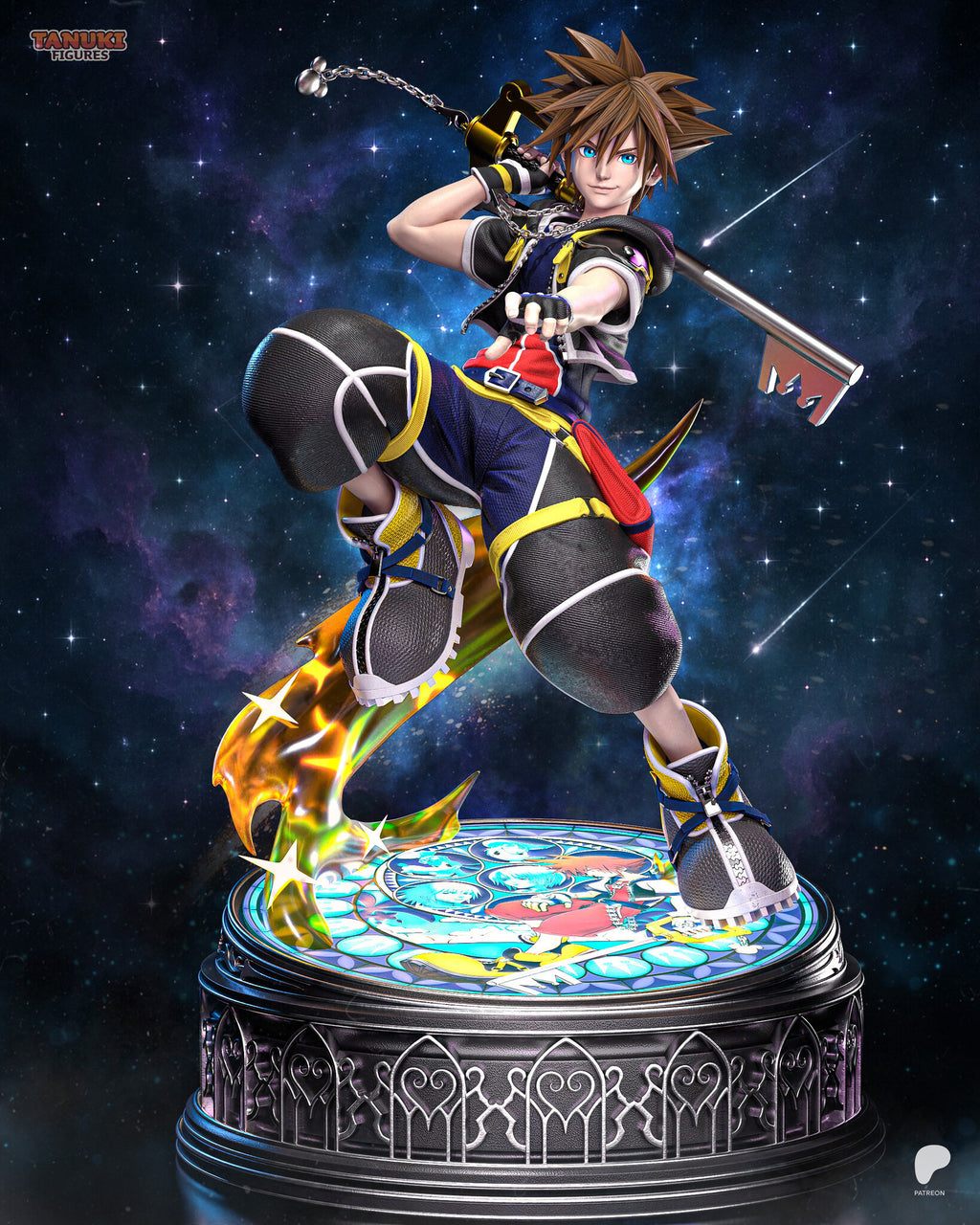 Sculptor's render of the painted design (kit ships unpainted): full front view of the spiky-haired boy with a giant key sword over his shoulder, one knee raised, on a round pedestal with a stained-glass top and a gold swoosh effect
