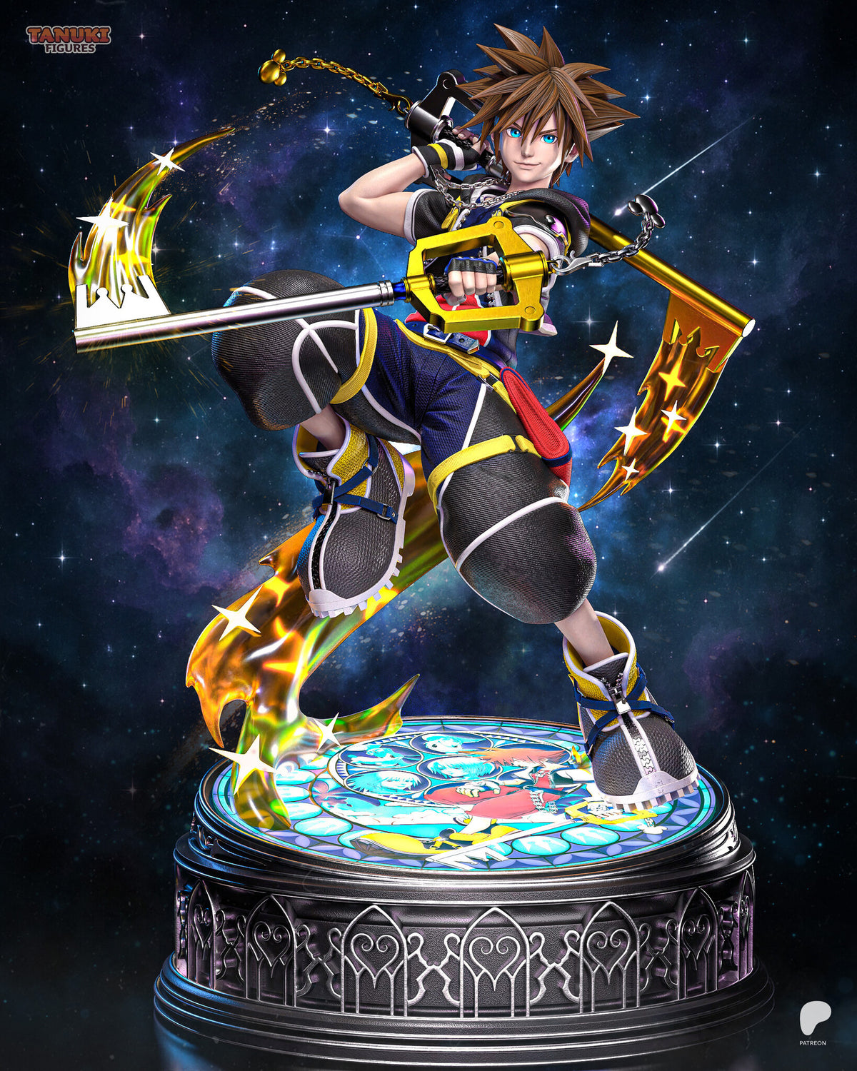 Sculptor's render (kit ships unpainted): built with the twin key swords with gold flame effects on both blades
