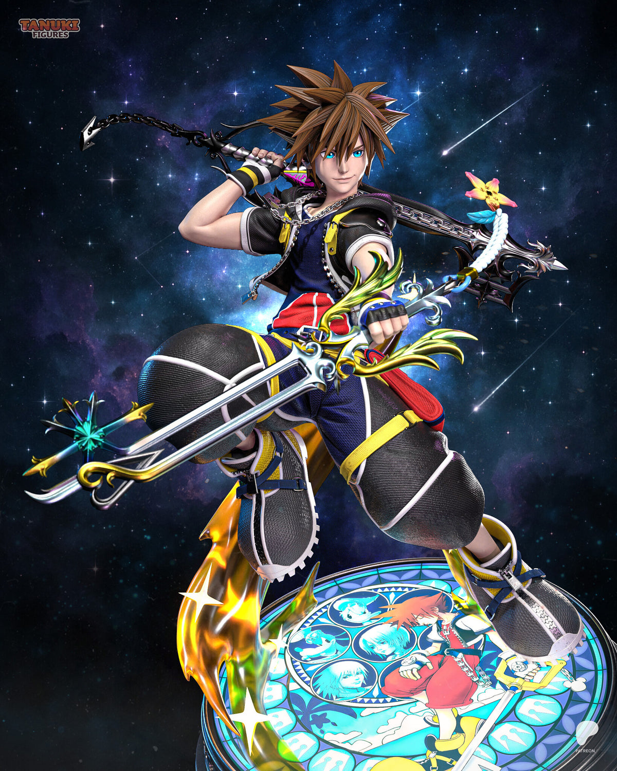 Sculptor's render (kit ships unpainted): view from above with a dark key sword over the shoulder and a star-tipped key sword held forward, showing the stained-glass pedestal top