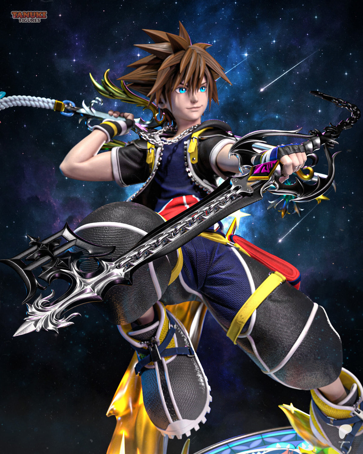 Sculptor's render (kit ships unpainted): low view with the star-tipped key sword over the shoulder and the dark key sword held forward