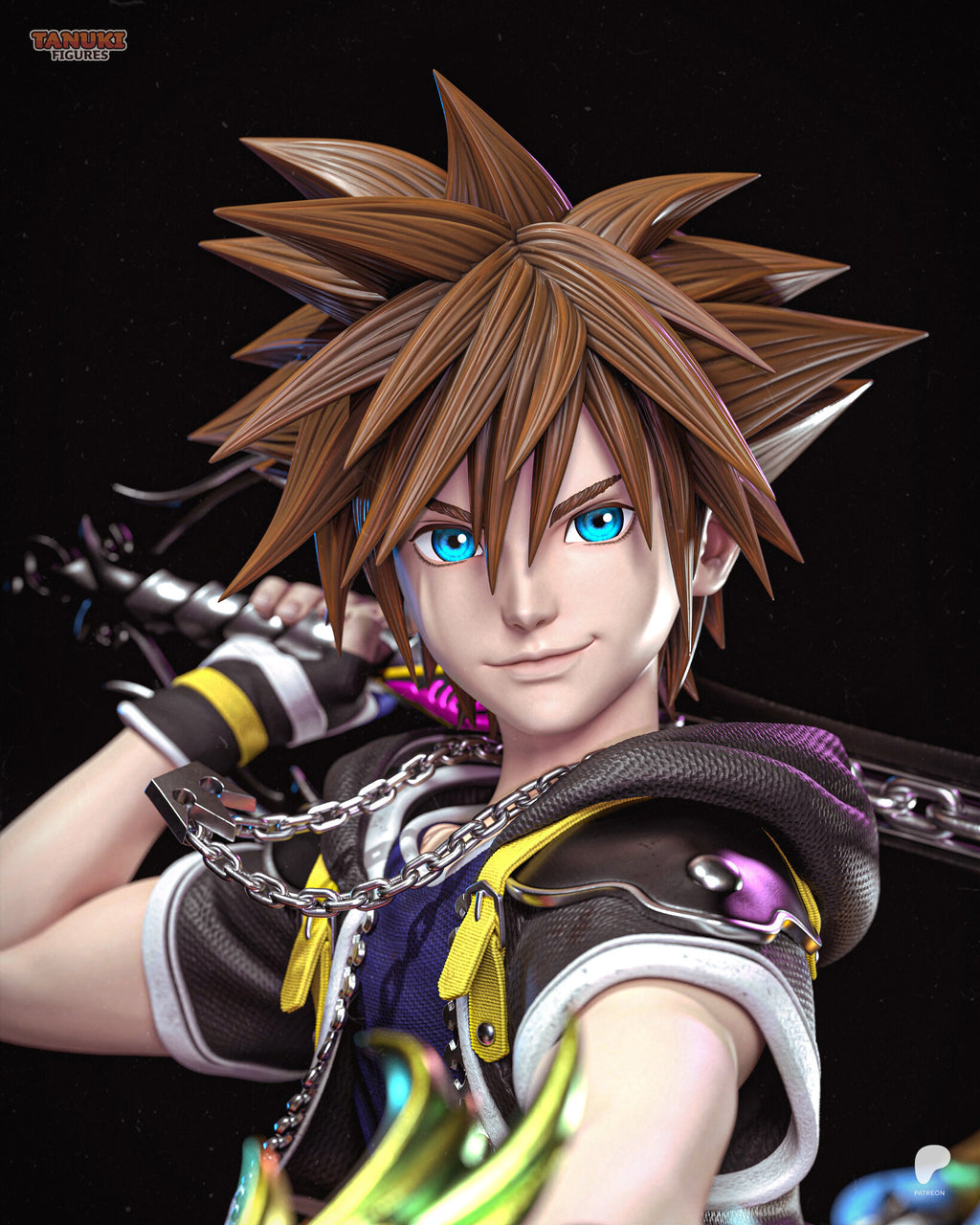 Sculptor's render (kit ships unpainted): close-up of the face with bright blue eyes, the spiky hair and the hooded jacket with chain necklace