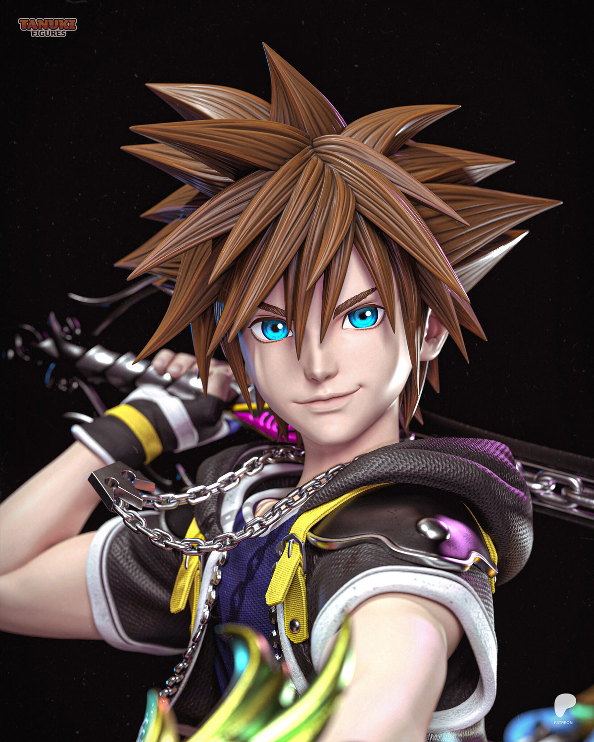 Sculptor's render (kit ships unpainted): close-up of the face with bright blue eyes, the spiky hair and the hooded jacket with chain necklace