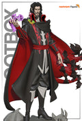Sculptor's render of the painted design (kit ships unpainted): full-length front three-quarter view of the black-haired vampire lord raising a hand wrapped in purple magic, his red-lined cape breaking into bats