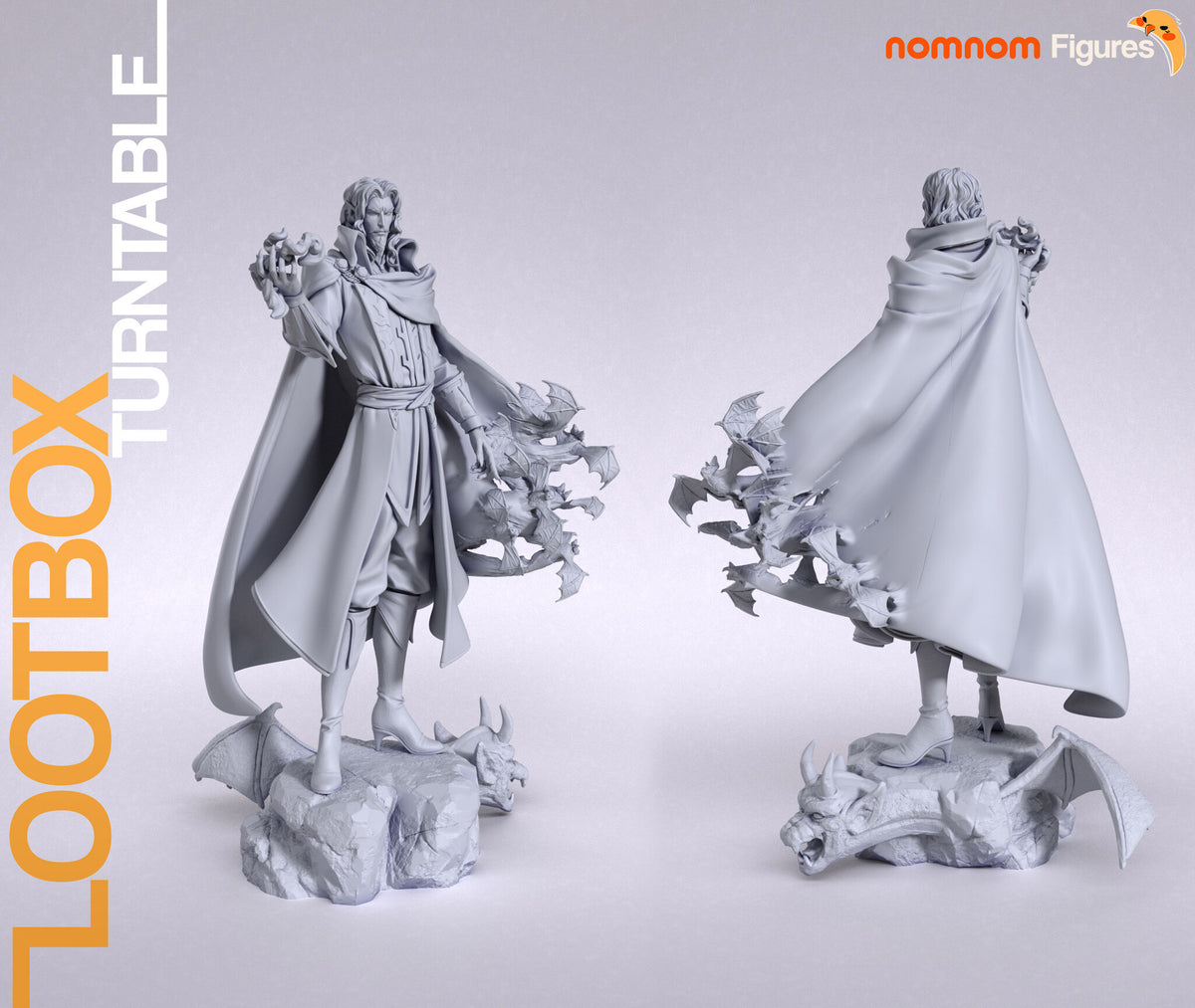Sculptor's render (kit ships unpainted): gray front and rear views of the full figure on the rock base, with the gargoyle head and stone wing