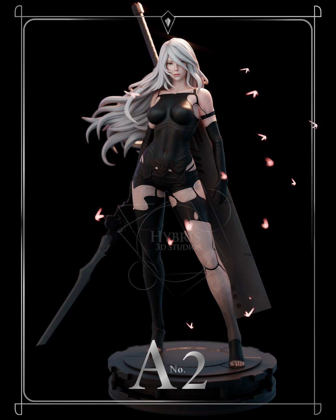Sculptor's render of the painted design (kit ships unpainted): front view from the head to the ankles of the white-haired swordswoman, long blade held down at her side and the giant sword on her back