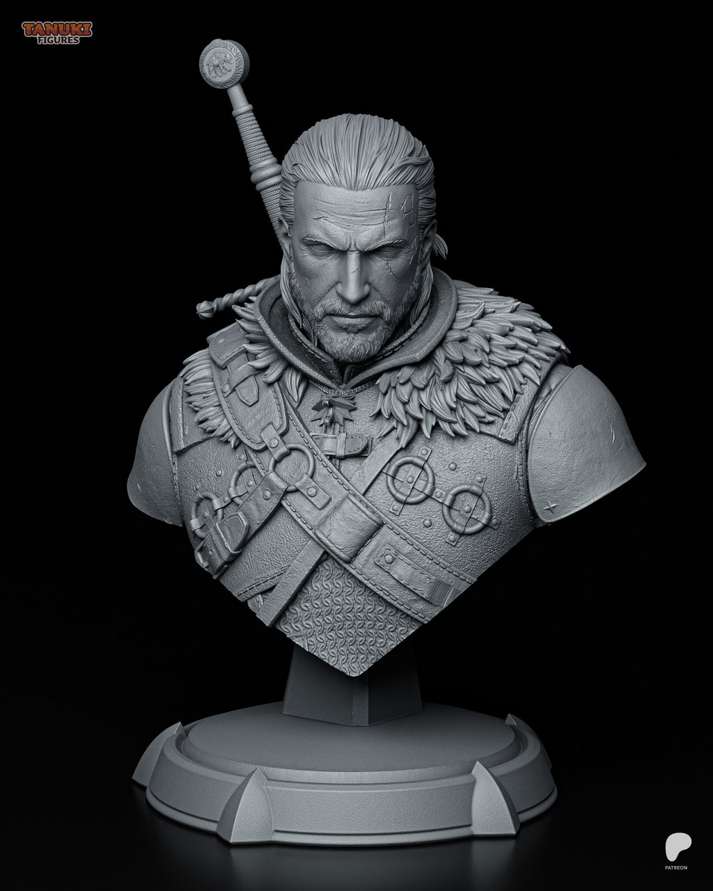 Sculptor's render of the painted design (kit ships unpainted): front view of the bust with long hair, a beard and heavy face scars, the sword hilt rising behind one shoulder, on a round stepped plinth