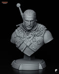 Sculptor's render of the painted design (kit ships unpainted): front view of the bust with long hair, a beard and heavy face scars, the sword hilt rising behind one shoulder, on a round stepped plinth