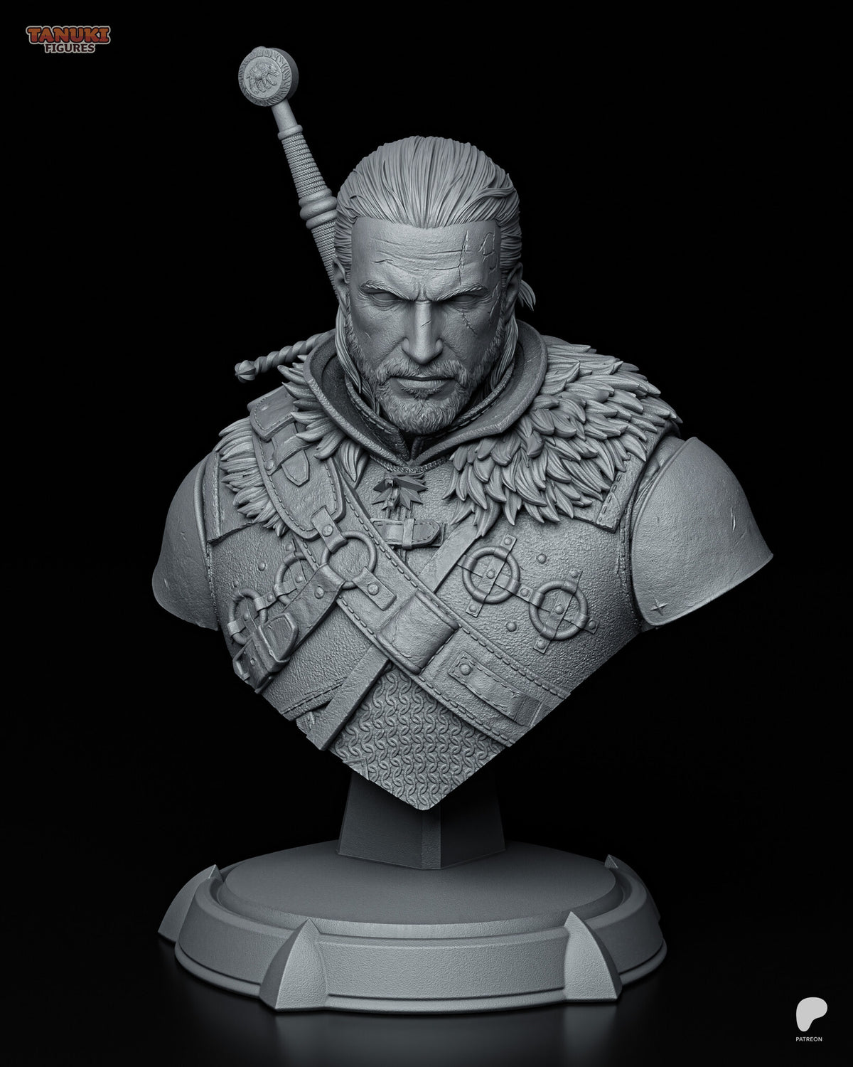 Sculptor's render of the painted design (kit ships unpainted): front view of the bust with long hair, a beard and heavy face scars, the sword hilt rising behind one shoulder, on a round stepped plinth