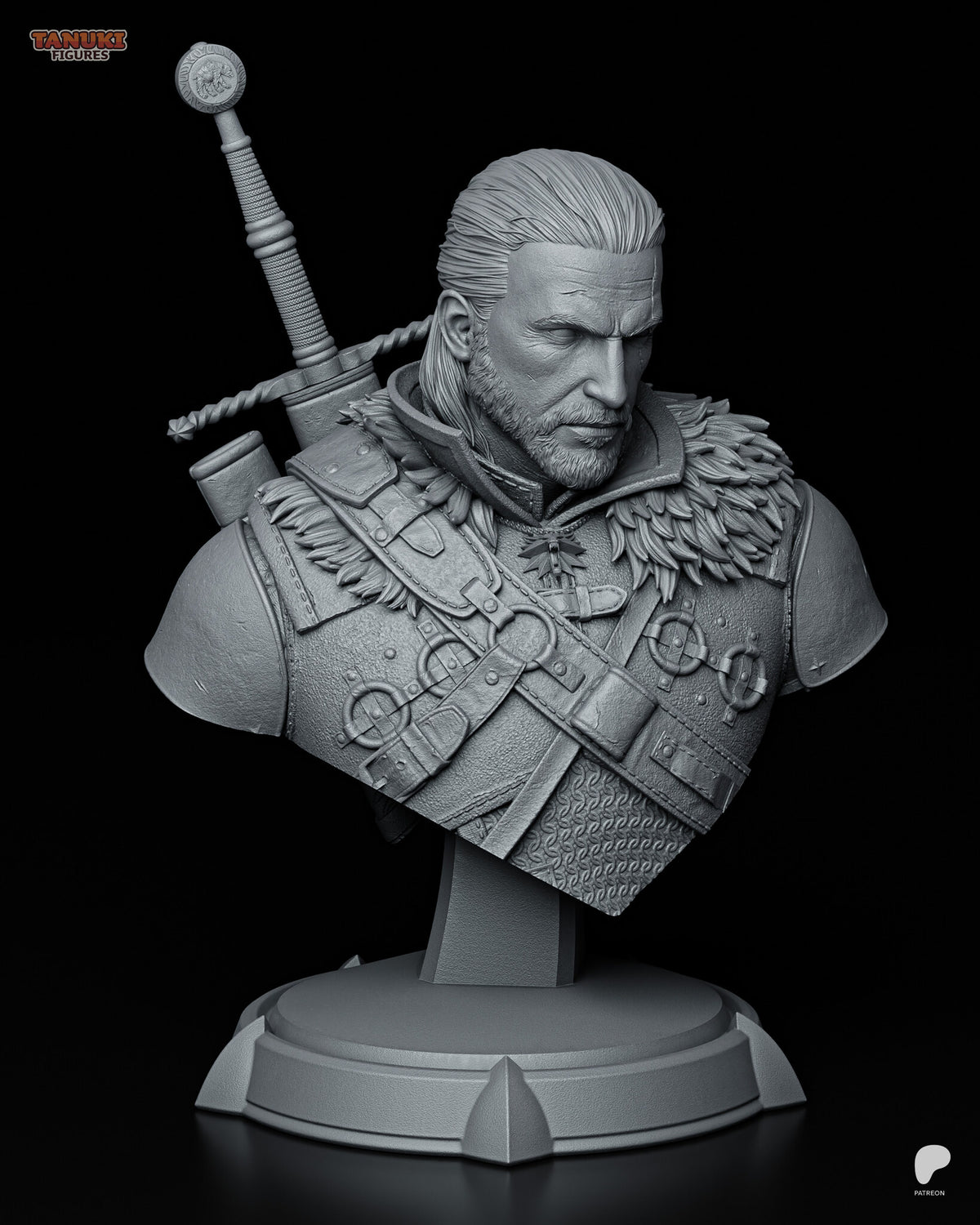 Sculptor's render (kit ships unpainted): three-quarter view of the same head turned to one side, with the second scabbard on his back