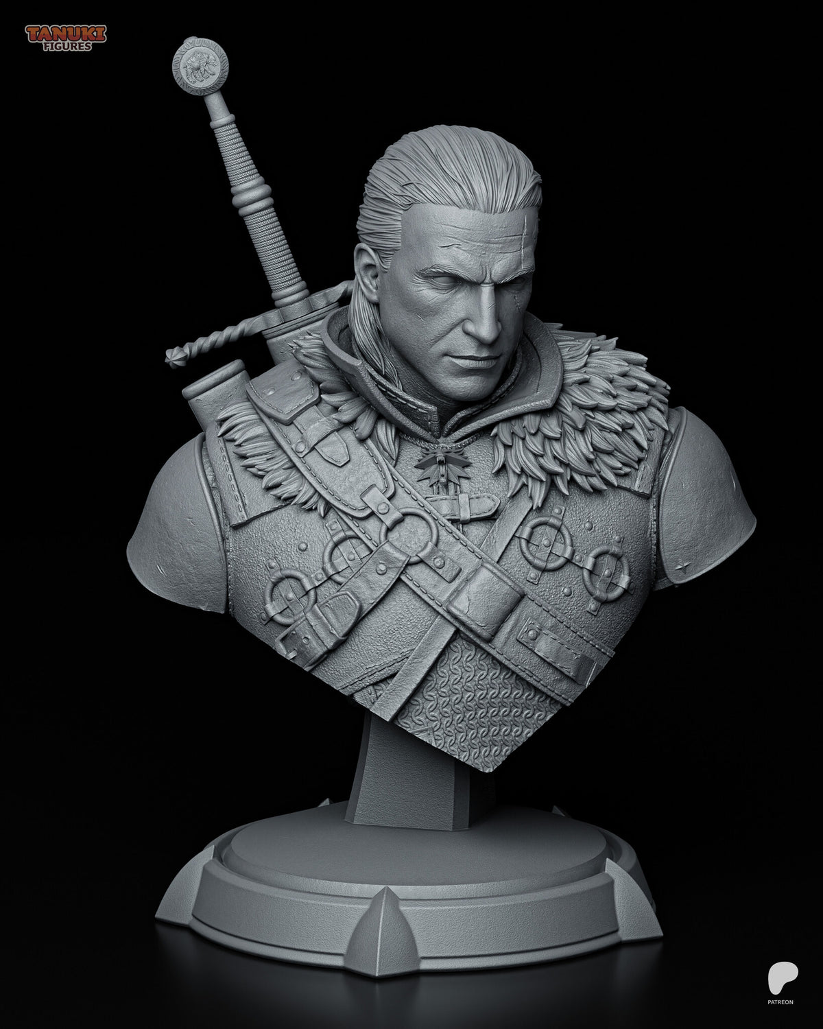 Sculptor's render (kit ships unpainted): three-quarter view with the long-hair clean-shaven head