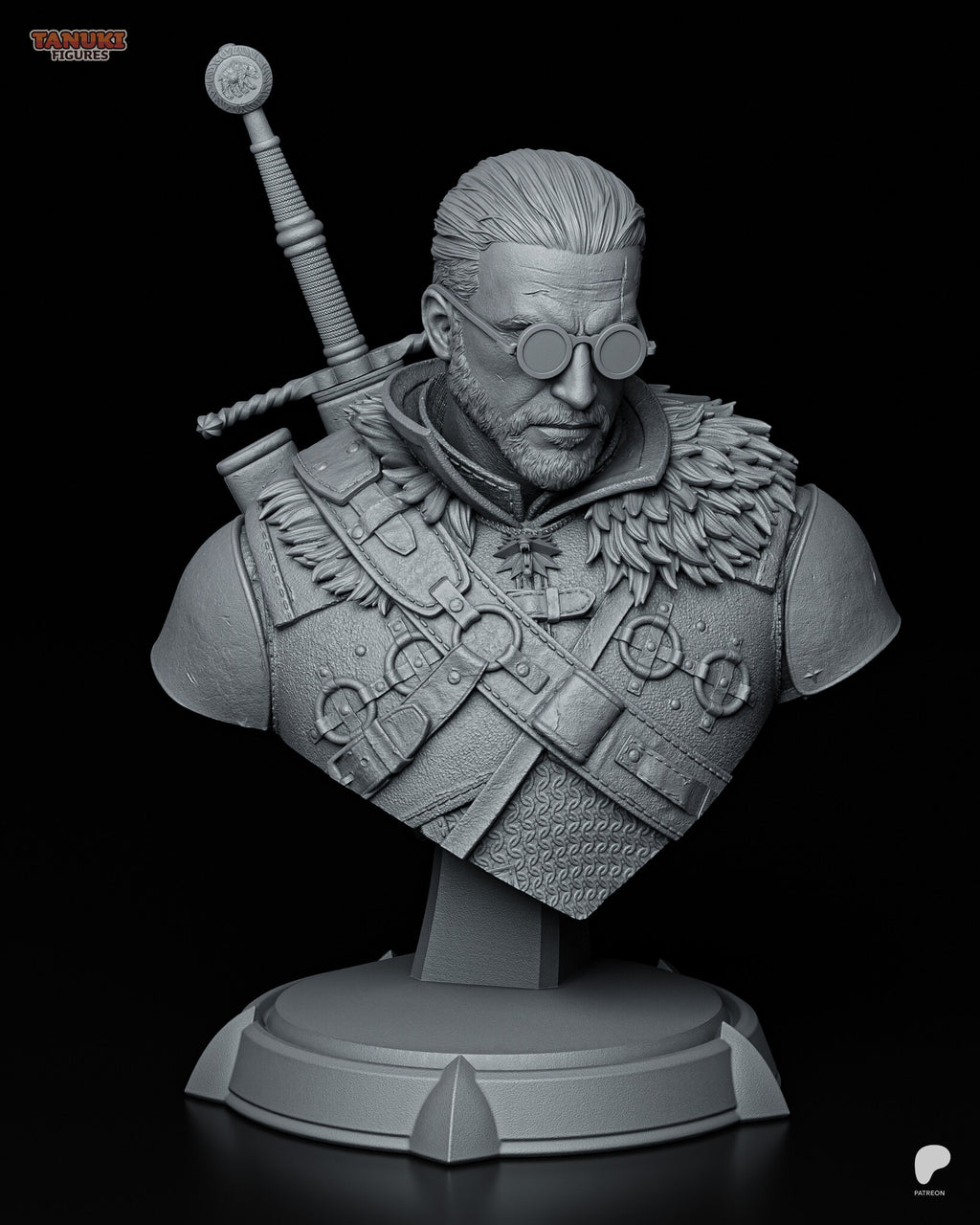 Sculptor's render (kit ships unpainted): three-quarter view with the short-hair bearded head wearing the round glasses