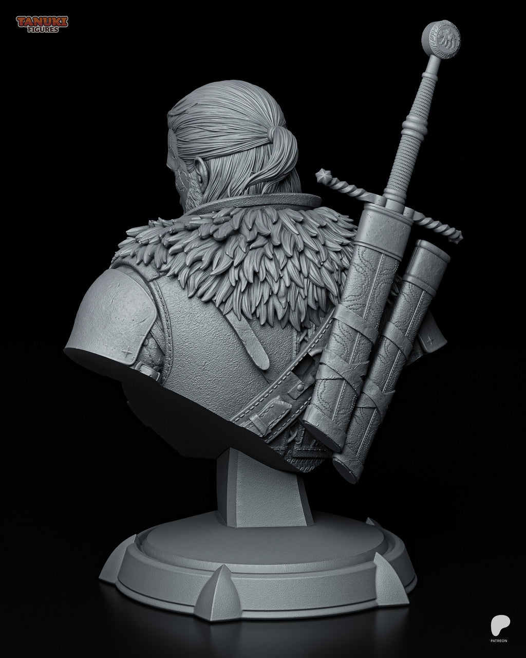 Sculptor's render (kit ships unpainted): back view of the tied ponytail, the fur collar and the two tooled scabbards
