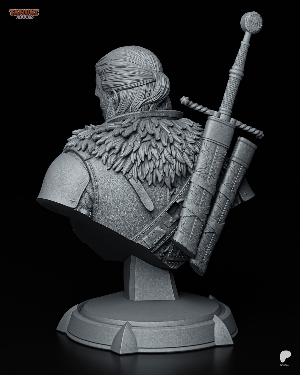 Sculptor's render (kit ships unpainted): back view of the tied ponytail, the fur collar and the two tooled scabbards