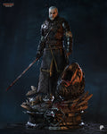 Sculptor's render of the painted design (kit ships unpainted): full front view of the white-haired swordsman with a bloodied rune sword lowered at his side, beside a griffin's head on a spiked drum base with a wolf-head emblem