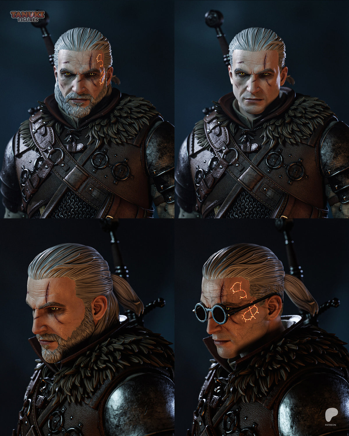 Sculptor's render (kit ships unpainted): four of the eight heads in the kit: bearded and clean-shaven, with heavy scarring or the brow scar only, and one wearing the round glasses