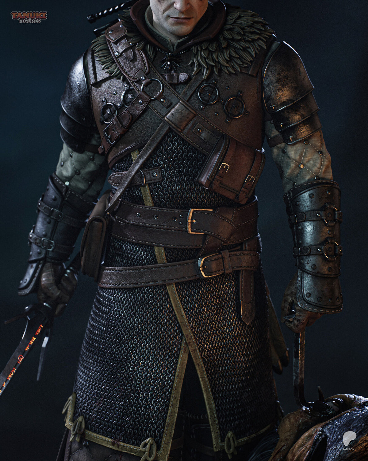 Sculptor's render (kit ships unpainted): closer front view of the fur collar, riveted jerkin, crossed straps, chainmail coat and belts