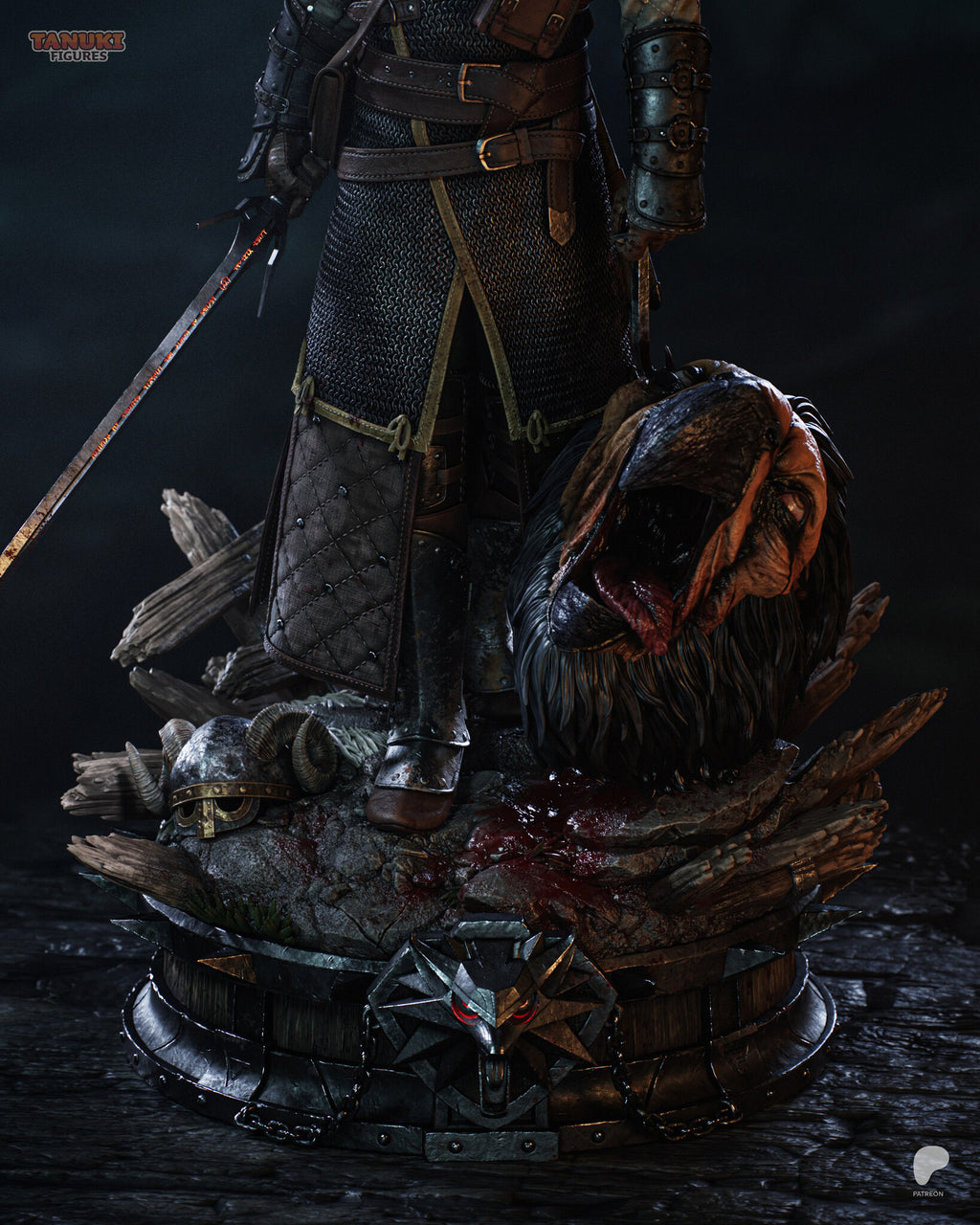 Sculptor's render (kit ships unpainted): the lower half and base: the drum with steel spikes and chains, the horned helmet and the griffin's head on the bloody rock