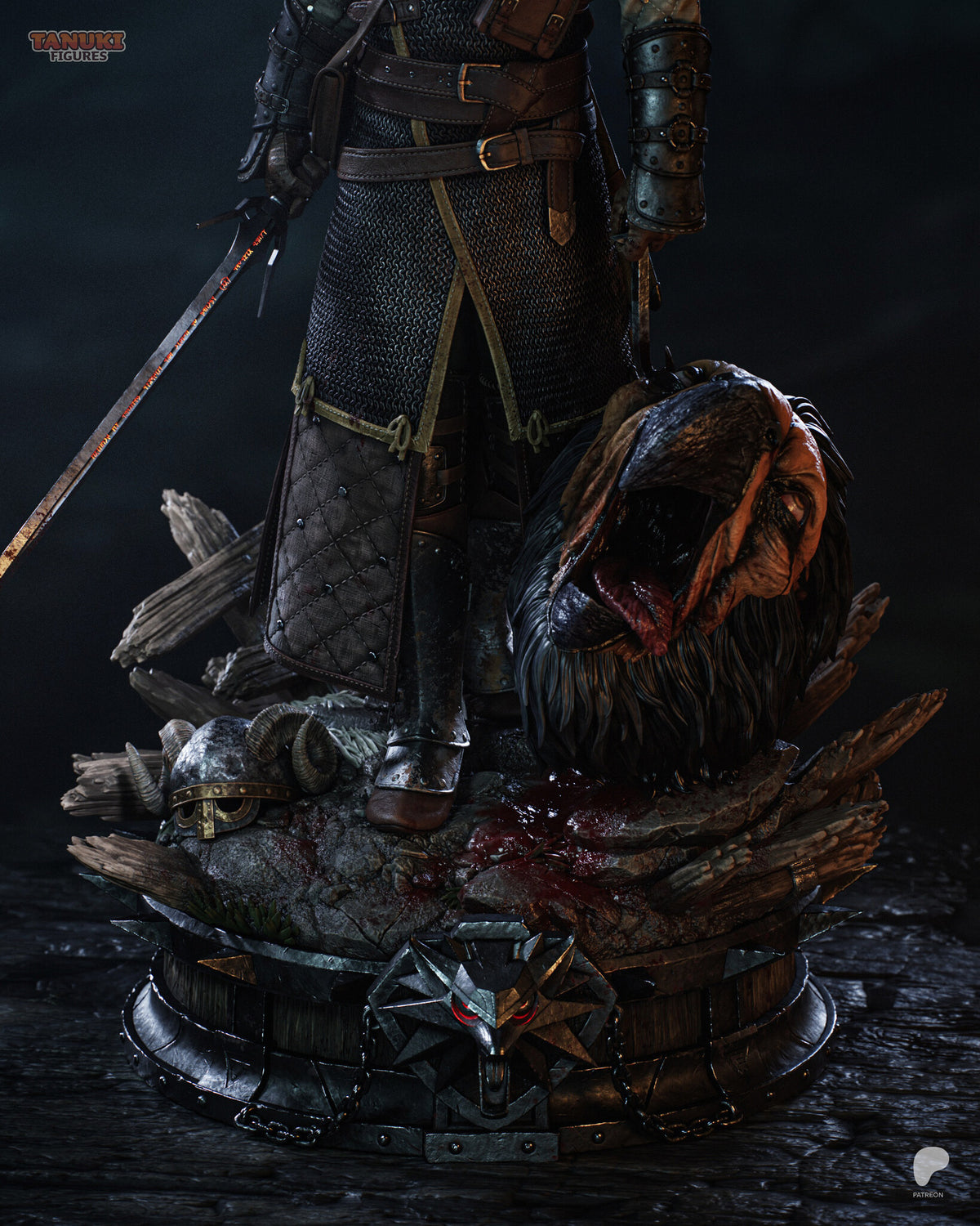 Sculptor's render (kit ships unpainted): the lower half and base: the drum with steel spikes and chains, the horned helmet and the griffin's head on the bloody rock