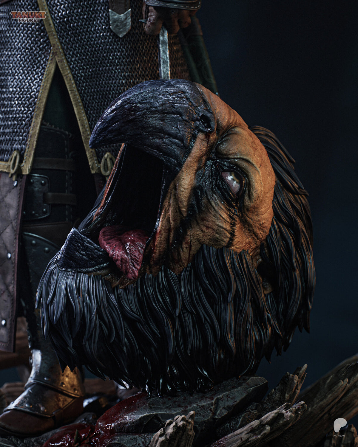 Sculptor's render (kit ships unpainted): close-up of the griffin's head with its open hooked beak, pale eye and long black feathers