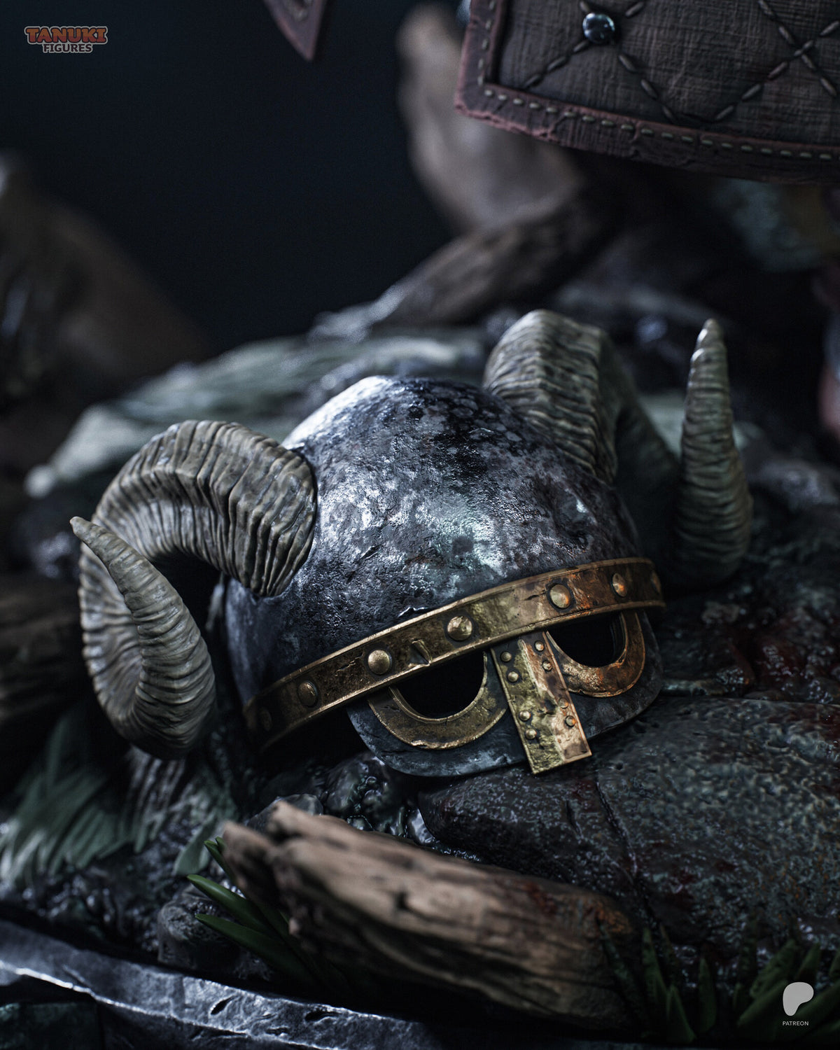 Sculptor's render (kit ships unpainted): close-up of the dented horned helmet lying on the rock