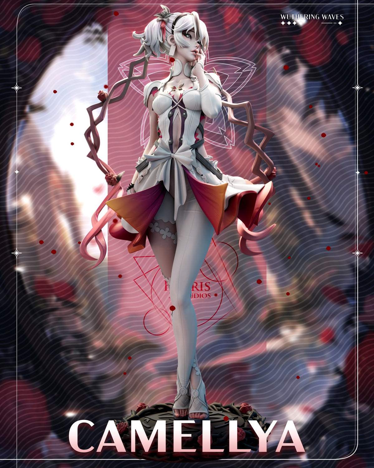 Sculptor's render of the painted design (kit ships unpainted): full front view of the white-haired woman with both thorny vine pigtails spread wide, a white bow at her waist and a red-and-gold ruffled skirt