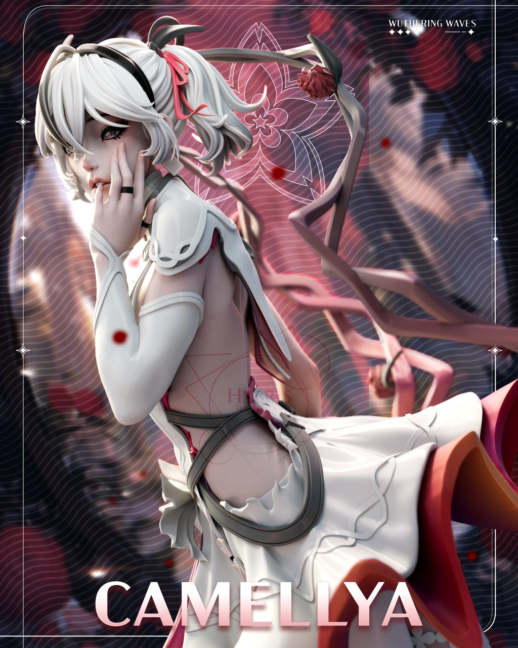 Sculptor's render (kit ships unpainted): close view from behind her left shoulder showing her face, the coral hair ribbon and a rose on the root of a pigtail