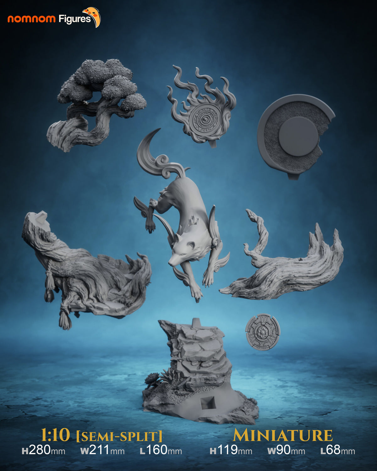Studio scale and parts sheet (kit ships unpainted): the studio's sizes for the miniature (119 mm tall, 90 mm wide, 68 mm long) and the 1:10 scale; the exploded parts shown are the studio's 1:10 layout, and the miniature comes in 10 pieces