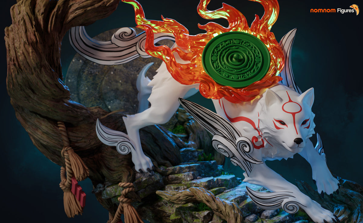 Sculptor's render of the painted design (kit ships unpainted): the miniature is the same sculpt at 119 mm tall; wide view of the wolf on the ledge with the rope tassels and the stone disc behind