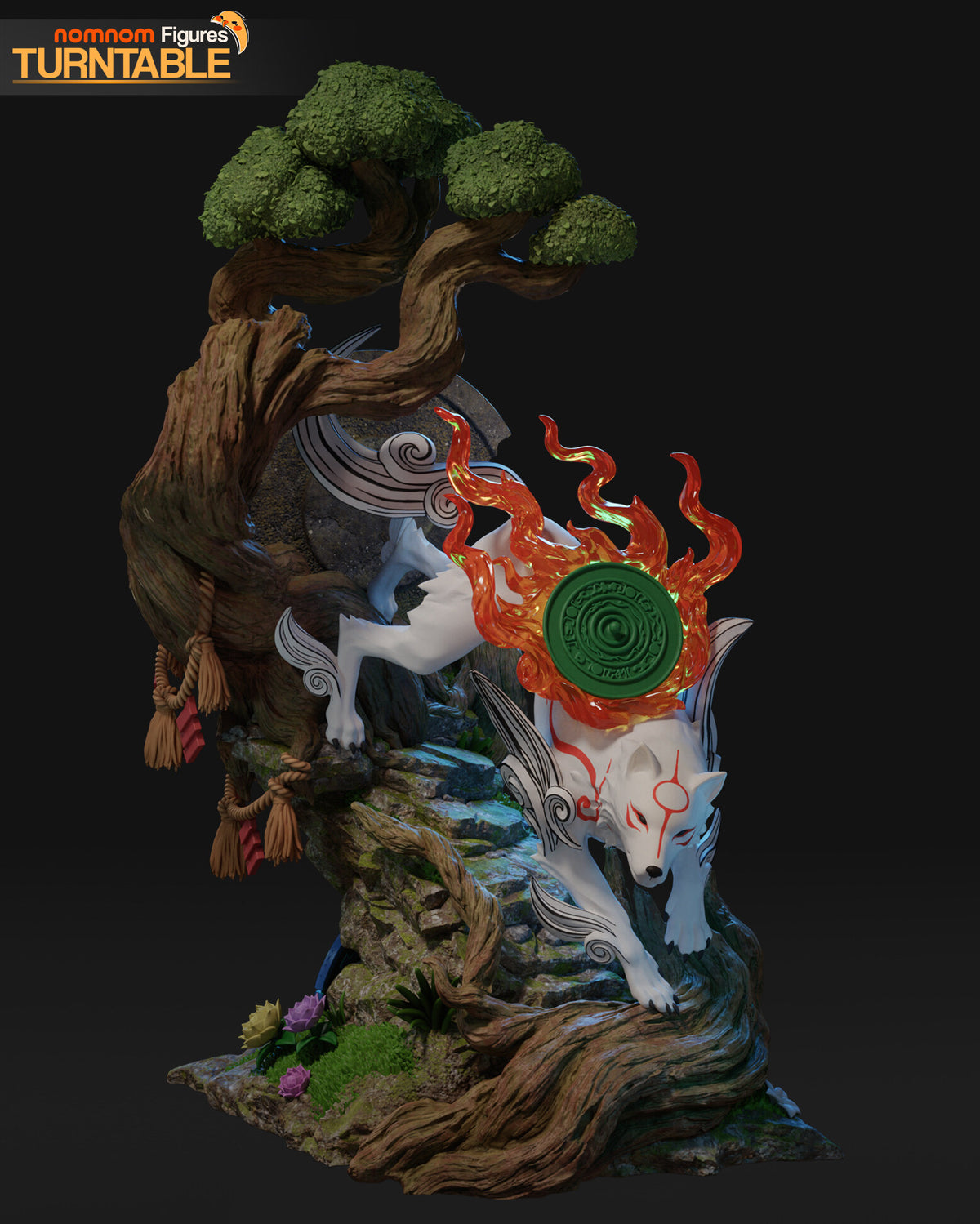 Sculptor's render of the painted design (kit ships unpainted): the white wolf coming down a rock slope under a rope-wrapped tree, a flaming disc on her back and a stone disc behind her