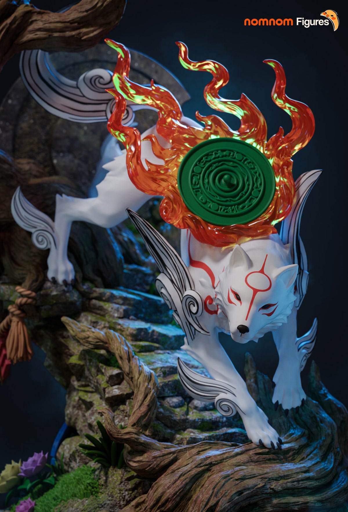 Sculptor's render (kit ships unpainted): closer front view of the wolf with her red markings and the flame-ringed disc