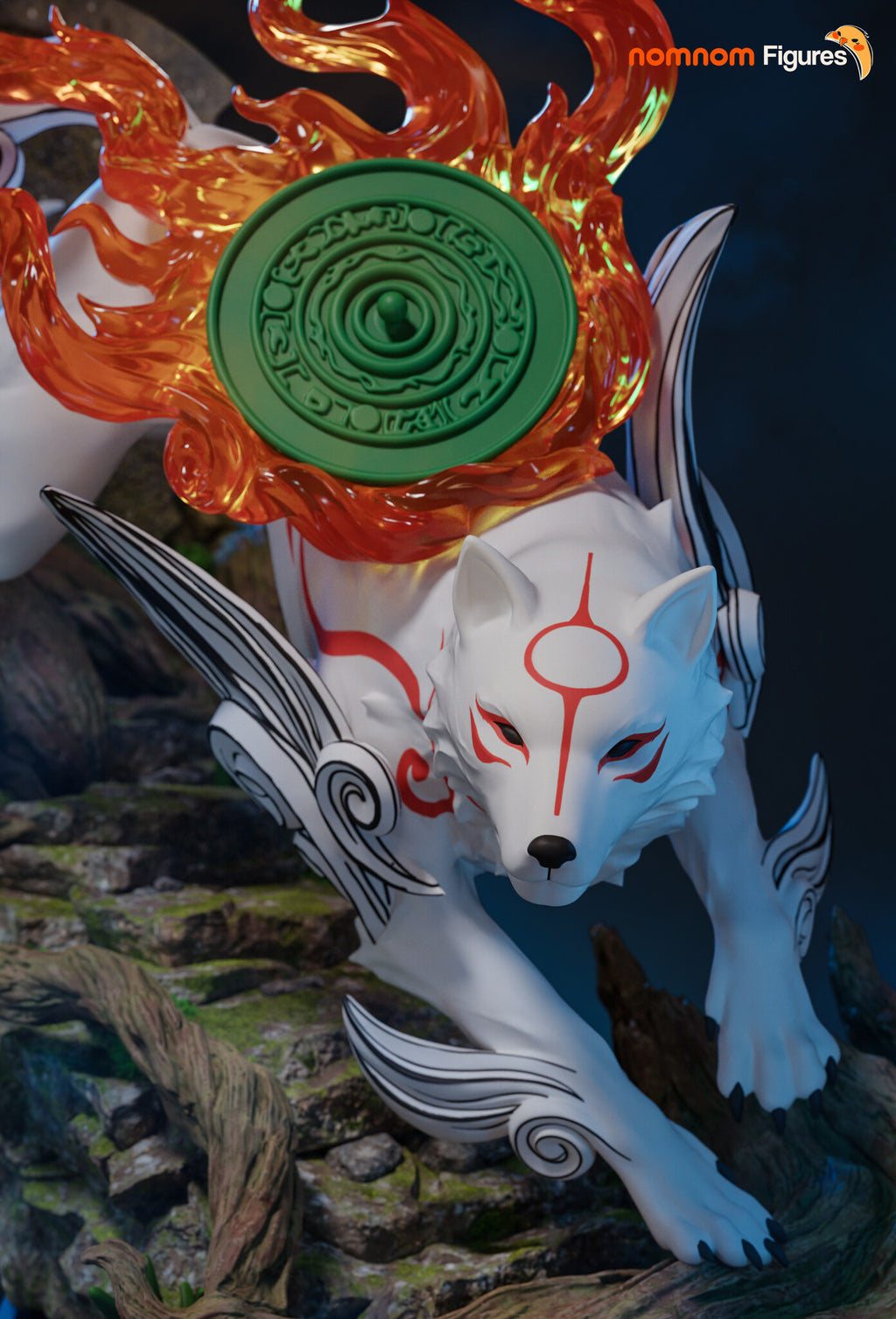 Sculptor's render (kit ships unpainted): head-on close-up of the face and markings under the flaming disc