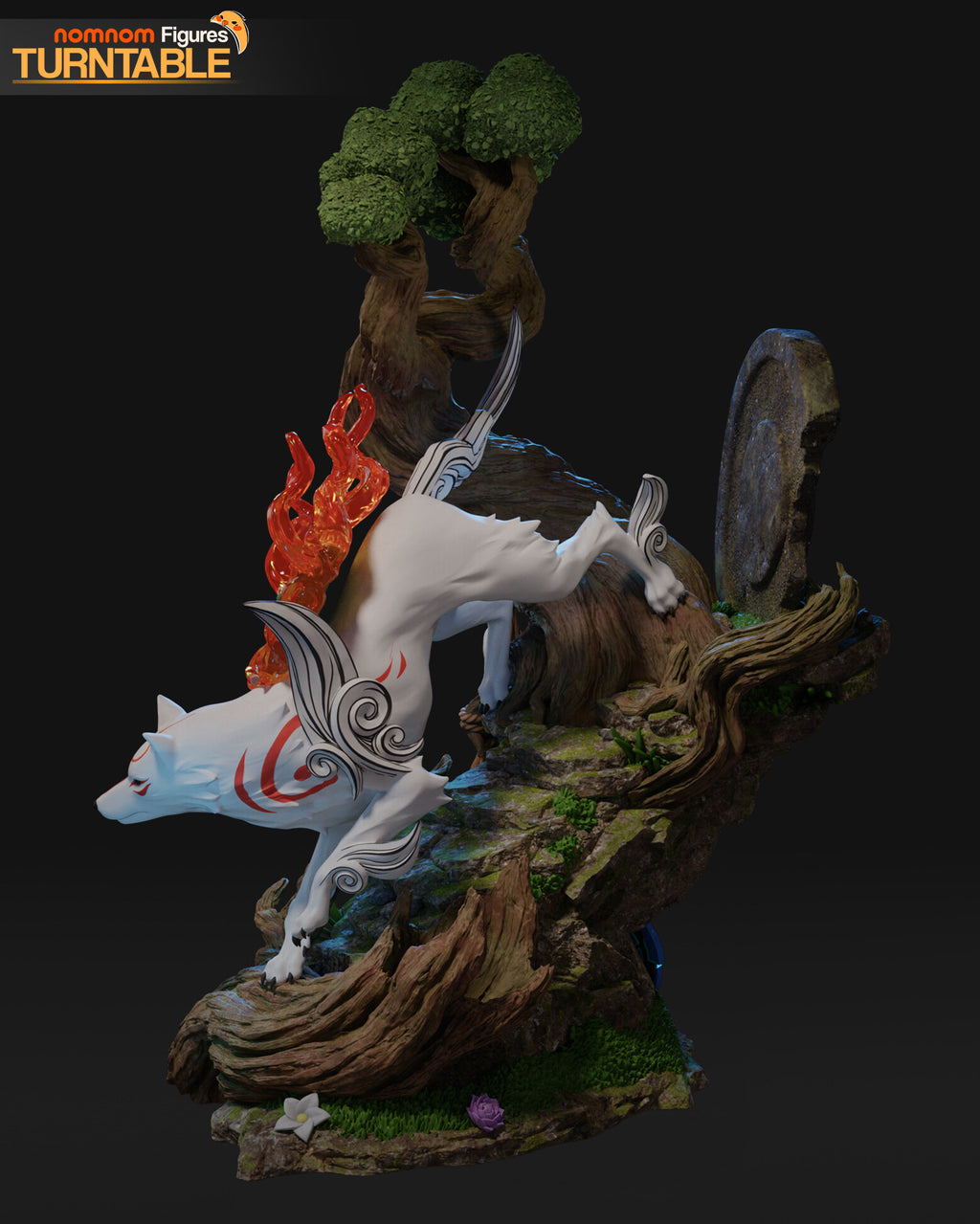Sculptor's render (kit ships unpainted): side view showing the tall tail plume and the bite out of the stone disc