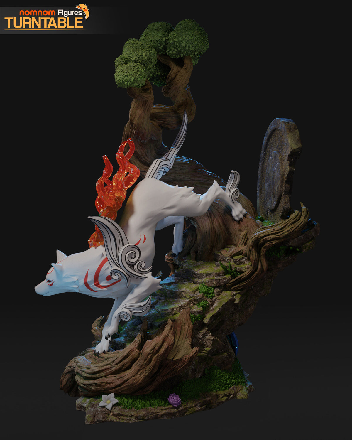 Sculptor's render (kit ships unpainted): side view showing the tall tail plume and the bite out of the stone disc