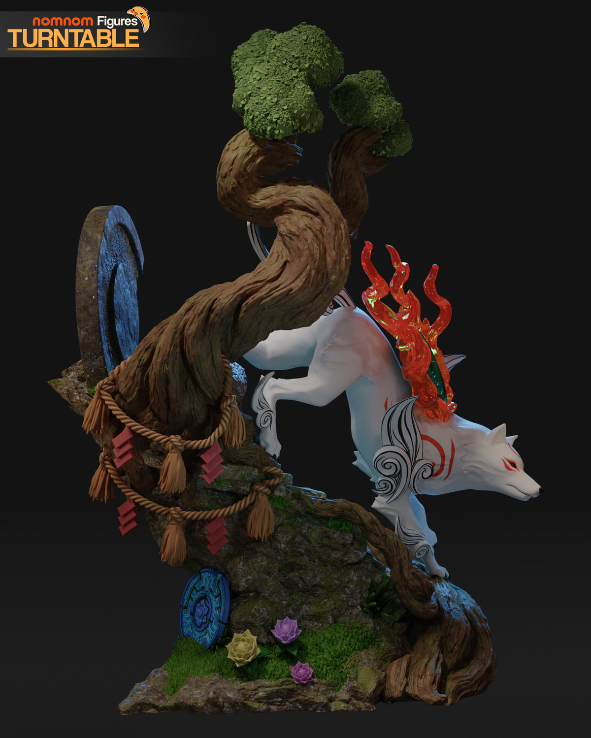 Sculptor's render (kit ships unpainted): rear view of the rope-wrapped trunk, the small blue carved disc and the roses