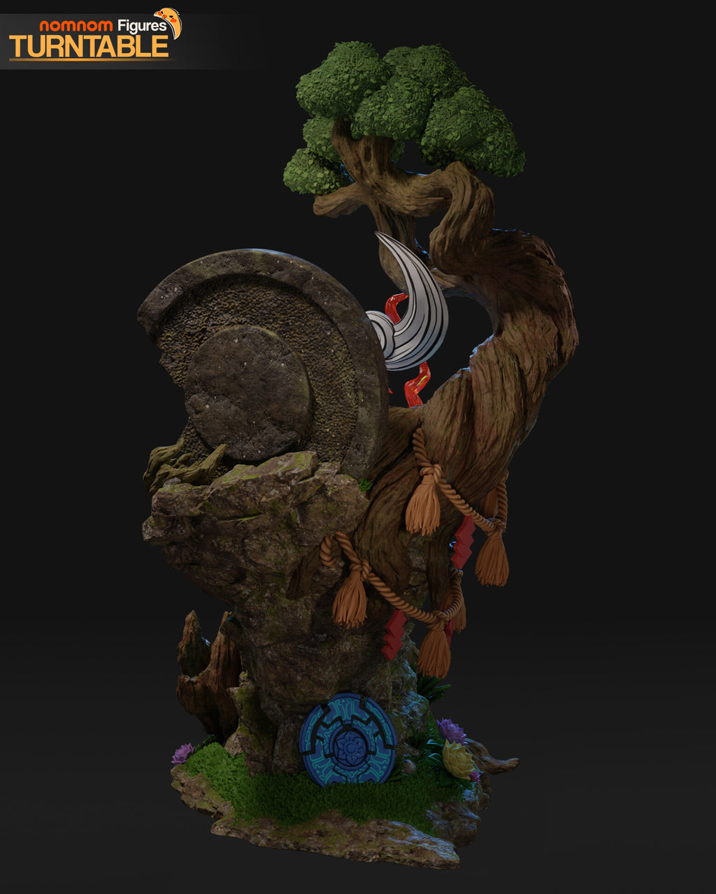 Sculptor's render (kit ships unpainted): back of the base with the stone disc, the stacked pillar and the rope tassels