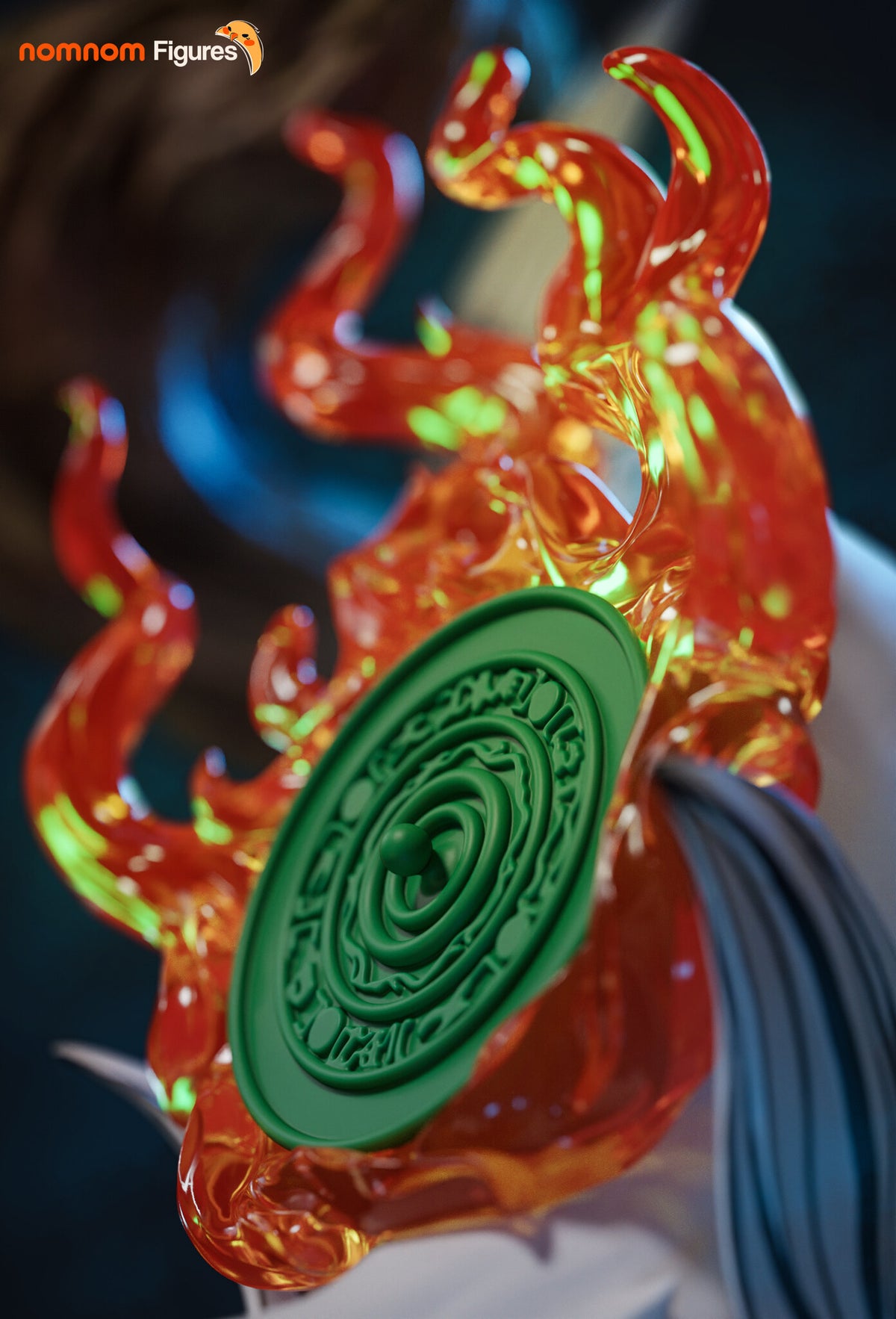 Sculptor's render (kit ships unpainted): close-up of the carved green disc inside its ring of flame