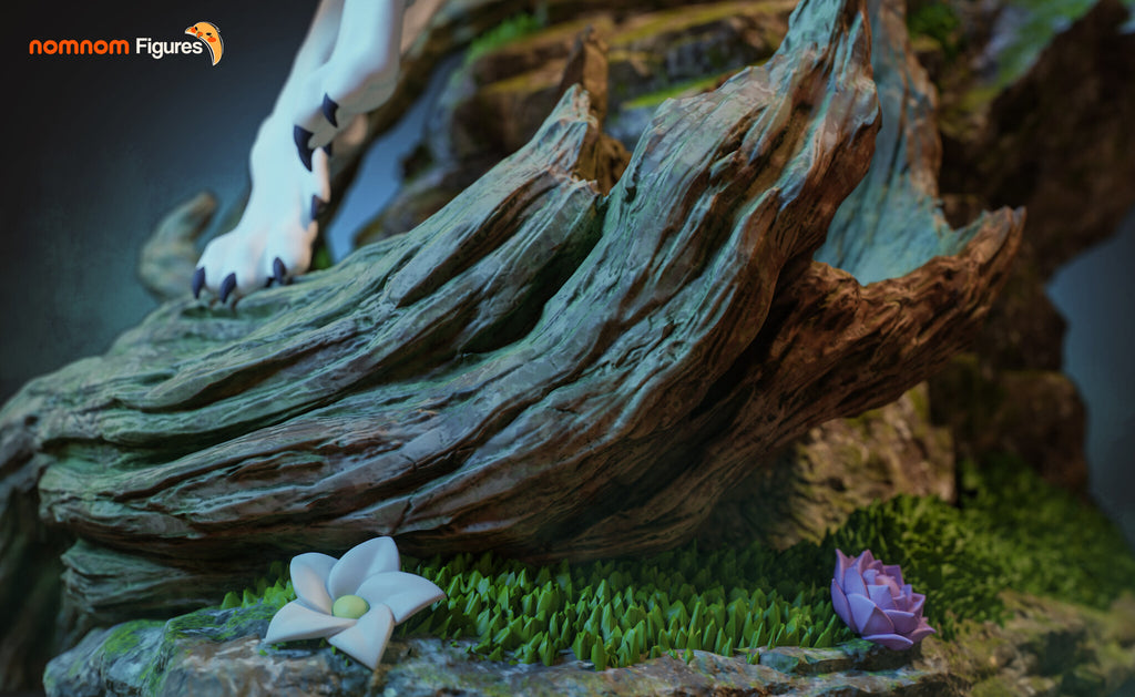 Sculptor's render (kit ships unpainted): close-up of the twisted root with a white flower and a rose in the grass