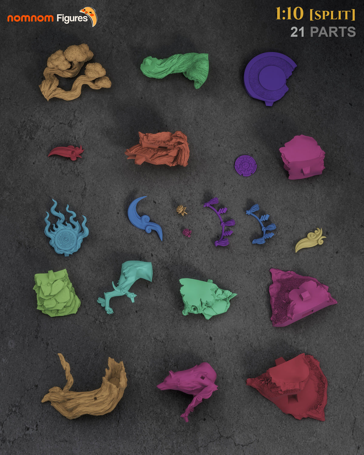Studio parts sheet (kit ships unpainted): the 21 parts of the 1:10 split kit laid out