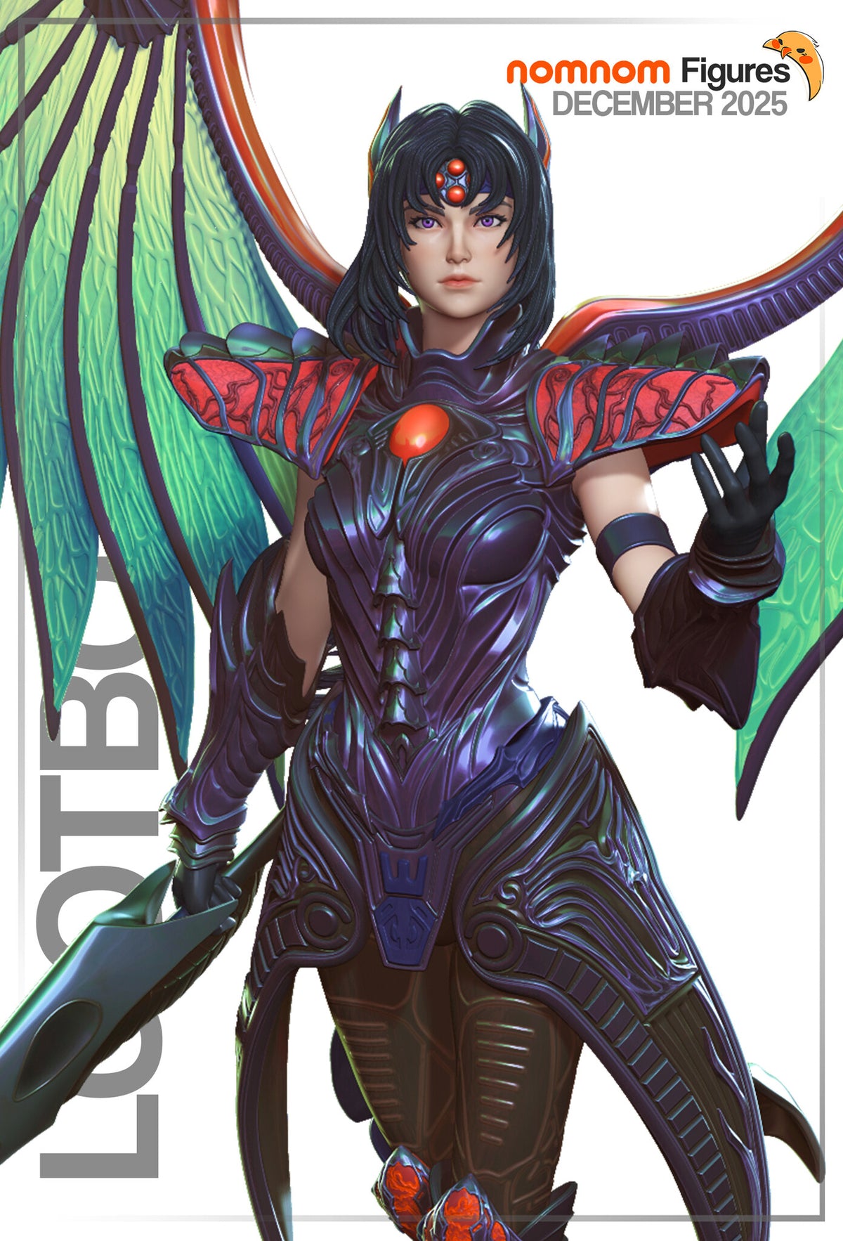 Sculptor's render of the painted design (kit ships unpainted): front three-quarter view from the wings to the knees, the black-haired armored woman with her open hand raised, the sword at her side and green veined wings behind her