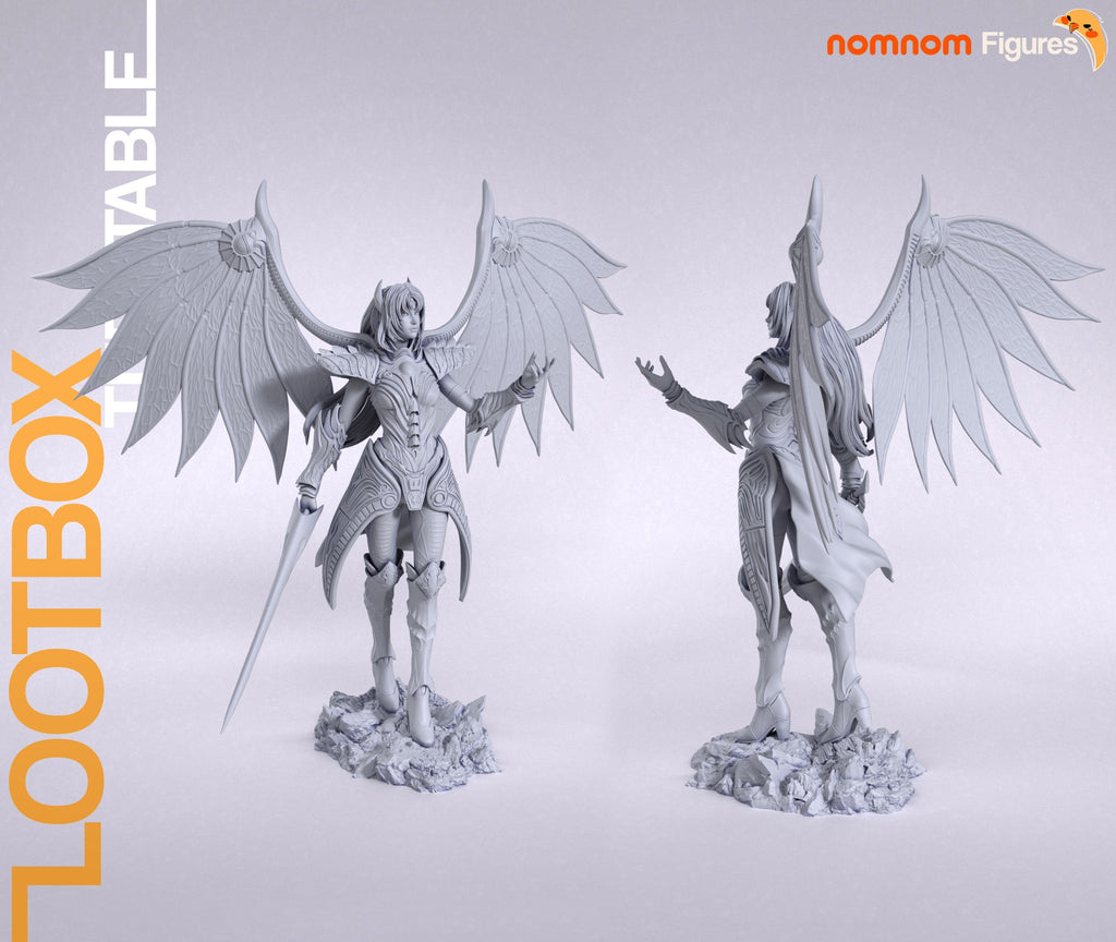 Studio's sheet, shown in gray (kit ships unpainted): front and rear views of the full figure with wings spread wide and the long sword held point-down, on the rock base