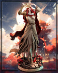 Sculptor's render of the painted design (kit ships unpainted): full front view of the battle dress figure, hands on her winged helmet, gold arm and red cape, on the rose and root base