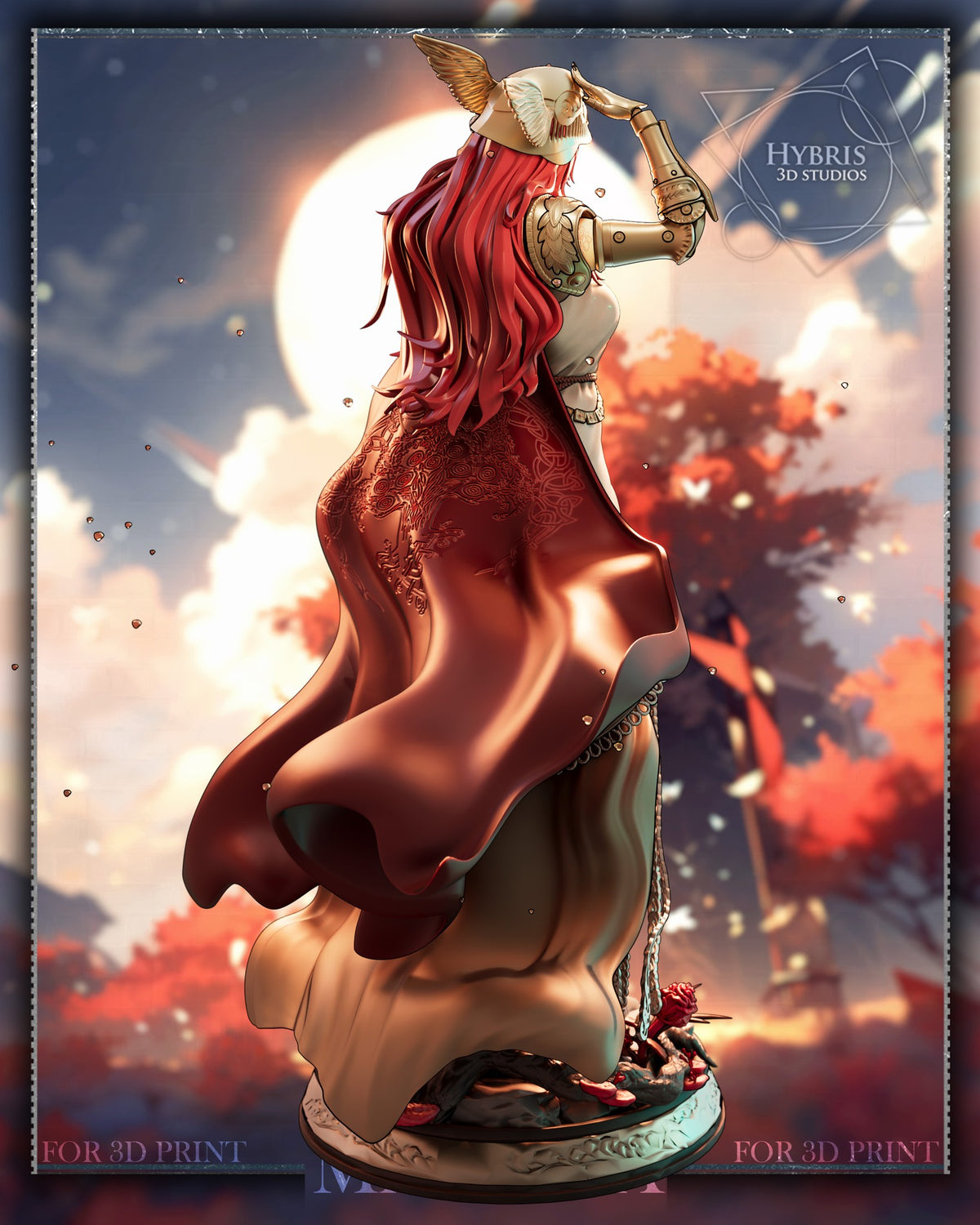 Sculptor's render (kit ships unpainted): rear view of the battle dress figure, the red cape covering her back
