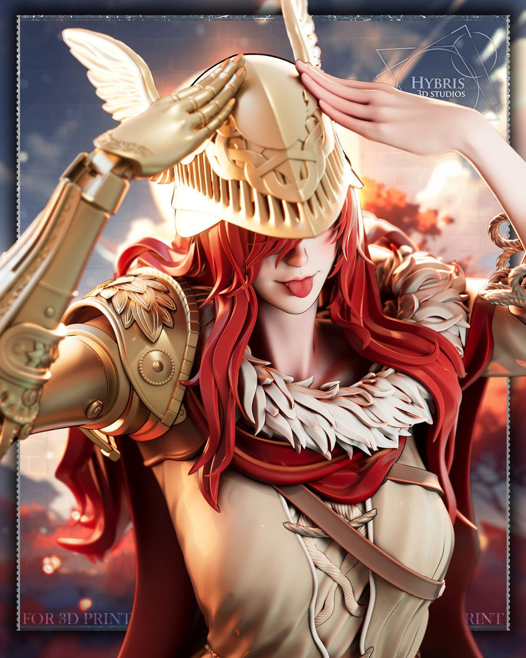 Sculptor's render (kit ships unpainted): close-up of the face with the tongue out under the slatted helmet brim, the gold pauldron and the fur collar
